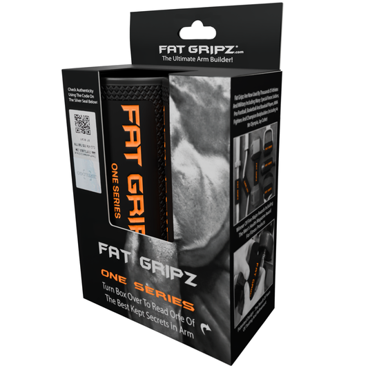 FAT GRIPZ One Series arm grip in its retail packaging, featuring a black box with orange and white text and a photo of a person's arm on the front.