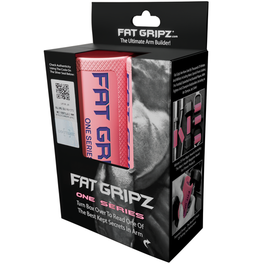FAT GRIPZ One Series arm grip in its retail packaging, featuring a black box with orange and white text and a photo of a person's arm on the front.