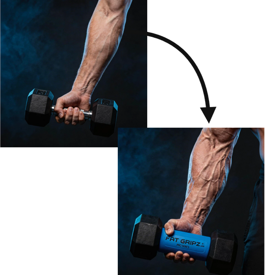 Fat Grips before and after image showing the benefit of dumbbell grips 